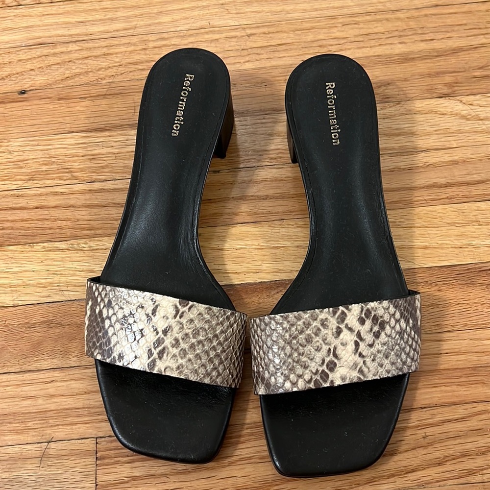 Women’s lightly worn snake skin sandals, low heel